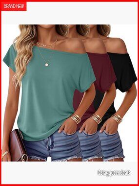 3 Pack Boat Neck Off Shoulder Tops Loose Oversized Tunic Tees